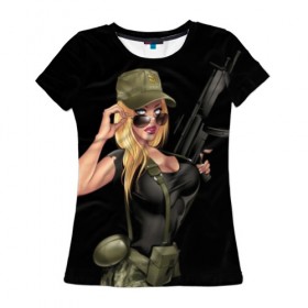 Женская футболка 3D с принтом Sexy army girl в Рязани, 100% полиэфир ( синтетическое хлопкоподобное полотно) | прямой крой, круглый вырез горловины, длина до линии бедер | army | automatic | beautiful | big | black | blonde | body | camouflage | chest | cool | eyes | girl | holds | perfect | slim | uniform | weapon | автомат | армия | блондинка | большая | глаза | девушка | держит | идеальное | камуфляж | красивая