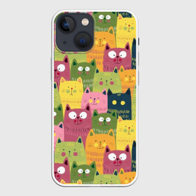 Чехол для iPhone 13 mini с принтом Коты в Рязани,  |  | animals | big | blush | cats | children | colorful | colors | cute | drawing | eyes | green | homemade | orange | pink | round | style | yellow | большие | глаза | детский | домашние | желтый | животные | зеленый | коты | красочные | круглые | милые | ора