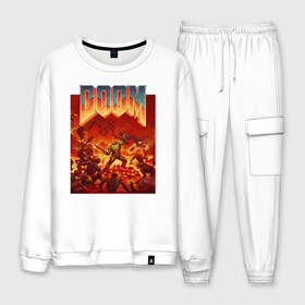 Мужской костюм хлопок с принтом DOOM в Рязани, 100% хлопок | на свитшоте круглая горловина, мягкая резинка по низу. Брюки заужены к низу, на них два вида карманов: два “обычных” по бокам и два объемных, с клапанами, расположенные ниже линии бедра. Брюки с мягкой трикотажной резинкой на поясе и по низу штанин. В поясе для дополнительного комфорта — широкие завязки | devil | doom | hell | mark of the doom slayer | slayer | ад | гарнил | дум | знаки | иероглифы | компьютерные игры 2019 | преисподняя | символ | солдат