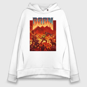 Женское худи Oversize хлопок с принтом DOOM в Рязани, френч-терри — 70% хлопок, 30% полиэстер. Мягкий теплый начес внутри —100% хлопок | боковые карманы, эластичные манжеты и нижняя кромка, капюшон на магнитной кнопке | devil | doom | hell | mark of the doom slayer | slayer | ад | гарнил | дум | знаки | иероглифы | компьютерные игры 2019 | преисподняя | символ | солдат