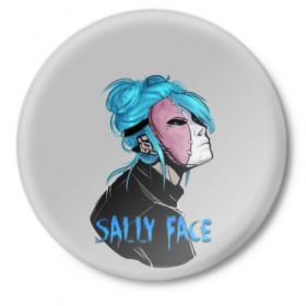 Значок с принтом Sally Face в Рязани,  металл | круглая форма, металлическая застежка в виде булавки | sally face | игра | компьютерная игра | лицо | маска | протез | салли фейс | школа | шрамы