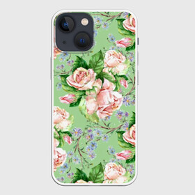 Чехол для iPhone 13 mini с принтом Розы и васильки в Рязани,  |  | art | blue | color | cornflowers | field | flora | flowers | illustration | leaves | nature | painting | petals | pink | plants | roses | watercolor | акварель | букет | васильки | живопись | иллюстрация | искусство | лепестки | листья | полевые | природа