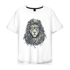 Мужская футболка хлопок Oversize с принтом Лев хипстер в Рязани, 100% хлопок | свободный крой, круглый ворот, “спинка” длиннее передней части | 