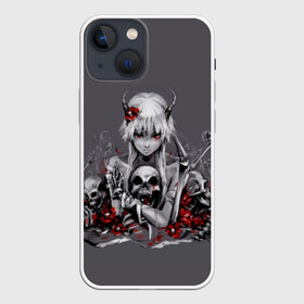 Чехол для iPhone 13 mini с принтом Girl  Death в Рязани,  |  | bones | eyes | flower | girl | horns | ribbon | skeleton | skull | view | взгляд | девочка | лента.глаза | рога | скелет | цветок | череп.кости