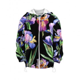 Детская куртка 3D с принтом Ирисы в Рязани, 100% полиэстер | застежка — молния, подол и капюшон оформлены резинкой с фиксаторами, по бокам — два кармана без застежек, один потайной карман на груди, плотность верхнего слоя — 90 г/м2; плотность флисового подклада — 260 г/м2 | Тематика изображения на принте: акварель | мода | стиль | цветочки | цветы