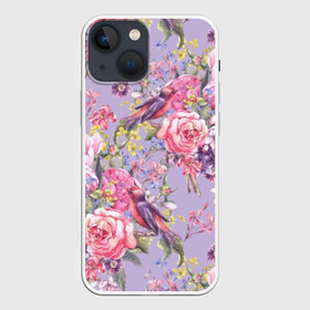 Чехол для iPhone 13 mini с принтом Лилии и розы в Рязани,  |  | art | background | birds | bouquet | hyacinths | leaves | lilac | mimosa | painting | pattern | peonies | petals | roses | stems | watercolor | wildflowers | акварель | букет | гиацинты | живопись | искусство | лепестки | листья | мимоза | пионы | полевые