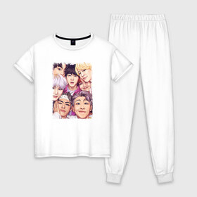 Женская пижама хлопок с принтом BTS в Рязани, 100% хлопок | брюки и футболка прямого кроя, без карманов, на брюках мягкая резинка на поясе и по низу штанин | bangtan boys | bt21 | bts | bts army | bts stickers | j hope | jimin | jin | jungkook | k pop | rap monster | rapmon | suga | v | бтс | корея | стикеры bts
