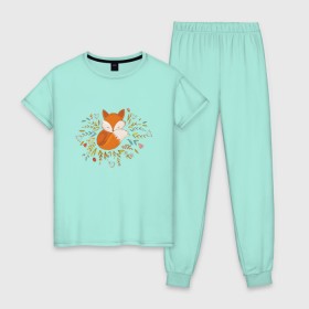 Женская пижама хлопок с принтом Лиса в цветах в Рязани, 100% хлопок | брюки и футболка прямого кроя, без карманов, на брюках мягкая резинка на поясе и по низу штанин | fox | foxed | арт | лис | лиса | лисенок | лисичка | пушистик | рыжая | рыжмй хвост