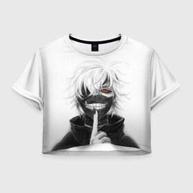 Женская футболка Cropp-top с принтом Kaneki Ken в Рязани, 100% полиэстер | круглая горловина, длина футболки до линии талии, рукава с отворотами | anteiku | ghoul | kaneki | ken | tokyo | антейку | гуль | канеки | кен | токийский