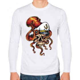 Мужской лонгслив хлопок с принтом Осьминог в Рязани, 100% хлопок |  | anchor | octopus | peaked cap | skull | осьминог | фуражка | череп | якорь