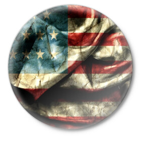 Значок с принтом USA 3D в Рязани,  металл | круглая форма, металлическая застежка в виде булавки | usa | абстракция | америка | американский | герб | звезды | краска | символика сша | страны | сша | флаг | штаты