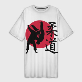 Платье-футболка 3D с принтом Дзюдо в Рязани,  |  | eastern | emblem | hieroglyph | japanese | judo | martial arts | red | sign | silhouette | sport | stencil | sun | symbol | wrestlers | wrestling | борцы | борьба | восточная | дзюдо | единоборства | знак | иероглиф | красное | силуэт | символ | солнце | 