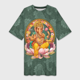 Платье-футболка 3D с принтом Ганеша в Рязани,  |  | ax | beads | character | elephant | god | gold | hands | head | holiday | jewels | lilies | lord | mouse | ornament | pattern | благополучие | бог | божество | бусы | владыка | ганеша | голова | драгоценности | золото | индуизм | лилии | много | мудрость 