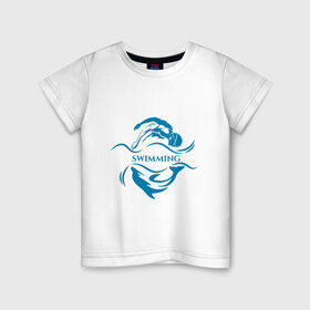 Детская футболка хлопок с принтом Плавание в Рязани, 100% хлопок | круглый вырез горловины, полуприлегающий силуэт, длина до линии бедер | бассейн | вода | волна | дельфин | плавание | пловец