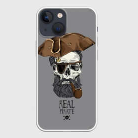 Чехол для iPhone 13 mini с принтом Real pirate в Рязани,  |  | Тематика изображения на принте: beard | bones | crossed | drawing | font | funny | graphics | hat | inscription | mustache | one eyed | pipe | pirate | real | roger | skull | smoking | борода | весёлый | графика | кости | кури | надпись | одноглазый | перекрещенные | пират | реальный | 