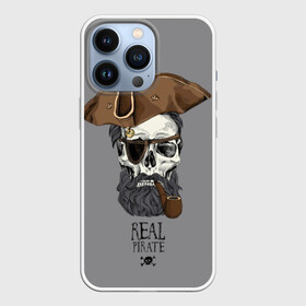 Чехол для iPhone 13 Pro с принтом Real pirate в Рязани,  |  | Тематика изображения на принте: beard | bones | crossed | drawing | font | funny | graphics | hat | inscription | mustache | one eyed | pipe | pirate | real | roger | skull | smoking | борода | весёлый | графика | кости | кури | надпись | одноглазый | перекрещенные | пират | реальный | 