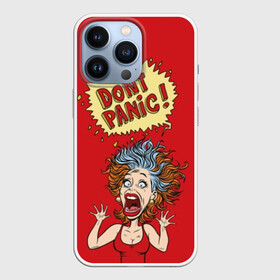 Чехол для iPhone 13 Pro с принтом Dont panic в Рязани,  |  | colored | comic | drawing | eyes | hair | horror | mouth | no | open | panic | pop art | protruding | retro | screaming | sticking out | woman | волосы | выпученные | глаза | дыбом | женщина | комикс | кричит | нет | открытый | паника | поп арт | ретро | 