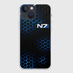 Чехол для iPhone 13 mini с принтом MASS EFFECT N7 | МАСС ЭФФЕКТ Н7 в Рязани,  |  | blue | n7 | neon | броня | костюм | масс эффект | н7 | неон | синий | соты | стальная броня | стальные соты | шепард