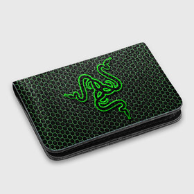 Картхолдер с принтом с принтом RAZER в Рязани, натуральная матовая кожа | размер 7,3 х 10 см; кардхолдер имеет 4 кармана для карт; | game | razer | texture | зеленый | игровое лого | игромания | игры | рэйзер | текстуры