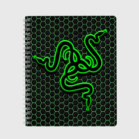 Тетрадь с принтом RAZER в Рязани, 100% бумага | 48 листов, плотность листов — 60 г/м2, плотность картонной обложки — 250 г/м2. Листы скреплены сбоку удобной пружинной спиралью. Уголки страниц и обложки скругленные. Цвет линий — светло-серый
 | Тематика изображения на принте: game | razer | texture | зеленый | игровое лого | игромания | игры | рэйзер | текстуры