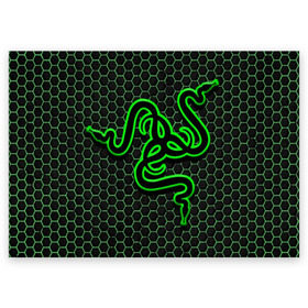 Поздравительная открытка с принтом RAZER в Рязани, 100% бумага | плотность бумаги 280 г/м2, матовая, на обратной стороне линовка и место для марки
 | Тематика изображения на принте: game | razer | texture | зеленый | игровое лого | игромания | игры | рэйзер | текстуры