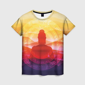 Женская футболка 3D с принтом Будда в Рязани, 100% полиэфир ( синтетическое хлопкоподобное полотно) | прямой крой, круглый вырез горловины, длина до линии бедер | buddha | calm | color | enlightenment | india | meditatio | mountains | nature | purple | red | religion | symbol | yellow | yoga | будда | горы | духовность | желтый | индия | йога | красный | медитация | природа | просветление | расслабление | религия |