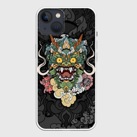 Чехол для iPhone 13 с принтом Дракон в Рязани,  |  | character | dragon | east | eyes | fangs | horns | japan | japanese | legend | mask | mythological | pattern | yellow | восток | глаза | дракон | желтые | клыки | легенда | маска | мифологический | персонаж | рога | узор | япония | японский