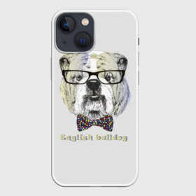 Чехол для iPhone 13 mini с принтом Английский бульдог в Рязани,  |  | animals | breed | bulldog | butterfly | dog | english | fight | gentleman | head | illustration | inscription | muzzle | tie | английский | бабочка | бойцовый | бульдог | галстук | голова | джентльмен | животные | иллюстрация | надпись |