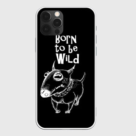 Чехол для iPhone 12 Pro с принтом Born to be wild в Рязани, силикон | область печати: задняя сторона чехла, без боковых панелей | angry | animals | authority | b | black and white | bull terrier | bully | cool | dog | fight | illustration | swag | thug | wild | авторитет | бандит | бойцовый | бультерьер | дикий | животные | злой | иллюстрация | крутой | надпись | ошейник | п