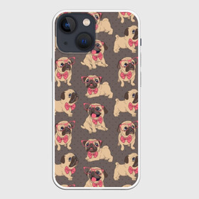 Чехол для iPhone 13 mini с принтом Мопсы в Рязани,  |  | animals | bow tie | breed | different | dogs | illustration | painting | pink | poses | pugs | puppies | галстук бабочка | живопись | животные | иллюстрация | мопсы | очки | позы | порода | разные | розовые | собаки | щенки