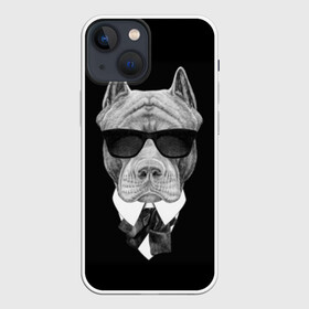 Чехол для iPhone 13 mini с принтом Питбуль в Рязани,  |  | animals | black | black and white | cool | dog | fight | gentleman | head | illustration | pitbull | swag | white | авторитет | белая | бойцовый | галстук бабочка | голова | джентльмен | животные | иллюстрация | костюм | крутой | очки | 