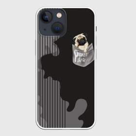 Чехол для iPhone 13 mini с принтом Мопс в кармане в Рязани,  |  | animal | breed | dog | funny | illustration | imprint | paw | pocket | pug | puppy | sits | small | trace | животное | иллюстрация | карман | лапа | маленький | мопс | отпечаток | порода | сидит | след | смешная | собака | щенок