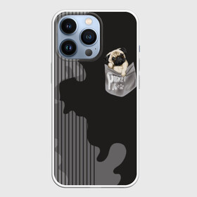 Чехол для iPhone 13 Pro с принтом Мопс в кармане в Рязани,  |  | animal | breed | dog | funny | illustration | imprint | paw | pocket | pug | puppy | sits | small | trace | животное | иллюстрация | карман | лапа | маленький | мопс | отпечаток | порода | сидит | след | смешная | собака | щенок