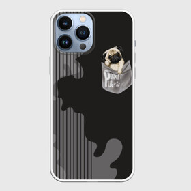 Чехол для iPhone 13 Pro Max с принтом Мопс в кармане в Рязани,  |  | animal | breed | dog | funny | illustration | imprint | paw | pocket | pug | puppy | sits | small | trace | животное | иллюстрация | карман | лапа | маленький | мопс | отпечаток | порода | сидит | след | смешная | собака | щенок