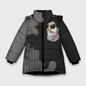Зимняя куртка для девочек 3D с принтом Мопс в кармане в Рязани, ткань верха — 100% полиэстер; подклад — 100% полиэстер, утеплитель — 100% полиэстер. | длина ниже бедра, удлиненная спинка, воротник стойка и отстегивающийся капюшон. Есть боковые карманы с листочкой на кнопках, утяжки по низу изделия и внутренний карман на молнии. 

Предусмотрены светоотражающий принт на спинке, радужный светоотражающий элемент на пуллере молнии и на резинке для утяжки. | animal | breed | dog | funny | illustration | imprint | paw | pocket | pug | puppy | sits | small | trace | животное | иллюстрация | карман | лапа | маленький | мопс | отпечаток | порода | сидит | след | смешная | собака | щенок