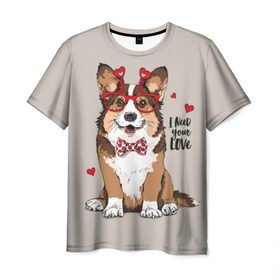 Мужская футболка 3D с принтом I need your love в Рязани, 100% полиэфир | прямой крой, круглый вырез горловины, длина до линии бедер | animal | bow tie | breed | corgi | cute | dog | funny | hearts | holiday | pembroke | polka dot | red | saint | valentine | валентина | вельш корги | галстук бабочка | горошек | день | животное | красный | любовь | милая | очки | пемброк | пород