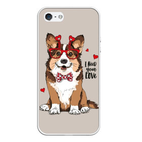 Чехол для iPhone 5/5S матовый с принтом I need your love в Рязани, Силикон | Область печати: задняя сторона чехла, без боковых панелей | animal | bow tie | breed | corgi | cute | dog | funny | hearts | holiday | pembroke | polka dot | red | saint | valentine | валентина | вельш корги | галстук бабочка | горошек | день | животное | красный | любовь | милая | очки | пемброк | пород