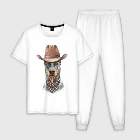 Мужская пижама хлопок с принтом Доберман в Рязани, 100% хлопок | брюки и футболка прямого кроя, без карманов, на брюках мягкая резинка на поясе и по низу штанин
 | Тематика изображения на принте: dobermann | dog | доберман | собака | собаки