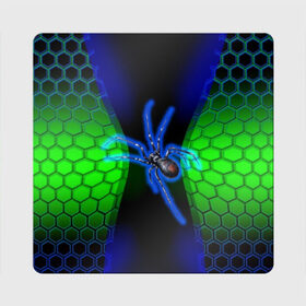 Магнит виниловый Квадрат с принтом Паук на ночной охоте в Рязани, полимерный материал с магнитным слоем | размер 9*9 см, закругленные углы | зеленая броня | зеленый неон | классный дизайн | ночь | паук | паук дизайн | паук на охоте | паук охотник | пчелиные | соты | темная футболка | футболка с пауком | черные соты