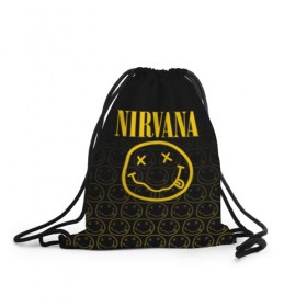 Рюкзак-мешок 3D с принтом NIRVANA в Рязани, 100% полиэстер | плотность ткани — 200 г/м2, размер — 35 х 45 см; лямки — толстые шнурки, застежка на шнуровке, без карманов и подкладки | music | nirvana | rip smile | rock | smile | группа | курт кобейн | музыка | нирвана | рок | смайл