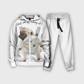 Детский костюм 3D с принтом Мопс в рюкзаке в Рязани,  |  | background | backpack | breed | brown | color | cute | dog | funny | gray | look | muzzle | paws | pug | puppy | slogan | small | trace | white | белый | взгляд | коричневый | лапы | маленький | милый | мопс | пес | порода | прикольный | рюкзак | 