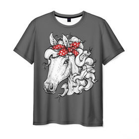 Мужская футболка 3D с принтом Белая лошадь в Рязани, 100% полиэфир | прямой крой, круглый вырез горловины, длина до линии бедер | animal | background | bandana | black | color | cool | fauna | gray | head | headdre | hipster | horse | image | look | mane | red | white | world | бандана | белый | взгляд | голова | головной | грива | животное | животный | имидж | конь | красный | лоша