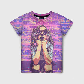 Детская футболка 3D с принтом Девушка в очках в Рязани, 100% гипоаллергенный полиэфир | прямой крой, круглый вырез горловины, длина до линии бедер, чуть спущенное плечо, ткань немного тянется | background | blue | bright | color | colorful | cool | cyberpunk | girl | hairstyle | pink | purple | scho | skirt | student | девочка | девушка | киберпанк | круто | очки | прикольно | прическа | разноцветный | розовый | рубашка | син