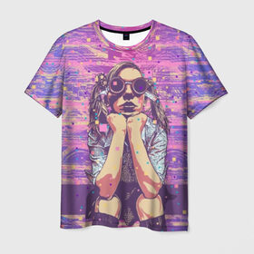 Мужская футболка 3D с принтом Девушка в очках в Рязани, 100% полиэфир | прямой крой, круглый вырез горловины, длина до линии бедер | background | blue | bright | color | colorful | cool | cyberpunk | girl | hairstyle | pink | purple | scho | skirt | student | девочка | девушка | киберпанк | круто | очки | прикольно | прическа | разноцветный | розовый | рубашка | син