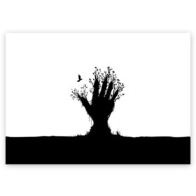 Поздравительная открытка с принтом Дерево в Рязани, 100% бумага | плотность бумаги 280 г/м2, матовая, на обратной стороне линовка и место для марки
 | bird | branches | ground | hand | leafs | tree | ветки | дерево | земля | листья | птица | рука