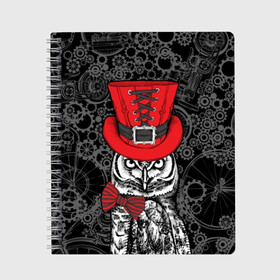 Тетрадь с принтом Сова в цилиндре в Рязани, 100% бумага | 48 листов, плотность листов — 60 г/м2, плотность картонной обложки — 250 г/м2. Листы скреплены сбоку удобной пружинной спиралью. Уголки страниц и обложки скругленные. Цвет линий — светло-серый
 | bird | black | bow | fe | gentleman | gray | hat | look | owl | predator | red | retro | steampunk | style | white | wild | бант | белый | взгляд | галстук бабочка | джентльмен | дикий | клюв | красный | мудрость | перья | полосатый | птица | ретро | серы