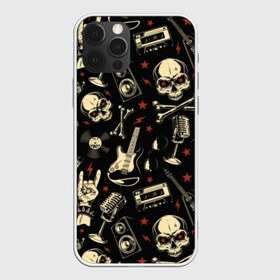 Чехол для iPhone 12 Pro Max с принтом Гранж с черепами в Рязани, Силикон |  | bones | grunge | guitar | hands | microphone | music | punk | record | rocker | skeleton | skull | sound | style | tape | vintage | vinyl | винил | винтаж | гитары | гранж | звук | кассеты | коза | кости | магнитофон | микрофон | молнии | музыка | очки | 