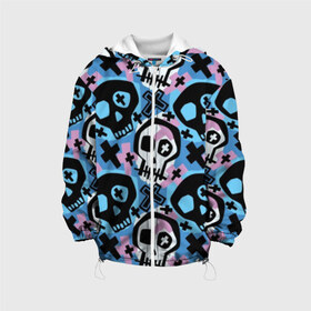 Детская куртка 3D с принтом Черепа в Рязани, 100% полиэстер | застежка — молния, подол и капюшон оформлены резинкой с фиксаторами, по бокам — два кармана без застежек, один потайной карман на груди, плотность верхнего слоя — 90 г/м2; плотность флисового подклада — 260 г/м2 | black | blue | crosses | graffiti | halloween | ornament | pattern | pink | skull | white | белый | граффити | кресты | орнамент | розовый | синий | узор | хэллоуин | черепа | черный