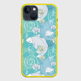 Чехол для iPhone 13 с принтом Карпы Кои в Рязани,  |  | blue | bubbles | carp koi | fauna | fin | fish | flora | flower | green | japan | japanese | lake | lotus | plant | pond | scales | tail | water | white | белый | вода | зелёный | карп кои | лотос | озеро | плавник | пруд | пузыри | растение | р