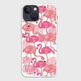 Чехол для iPhone 13 mini с принтом Фламинго в Рязани,  |  | abstraction | beak | bird | coral | fauna | feathers | flamingo | flora | happiness | jungle | leaves | nature | pink | tropical | tropics | white | абстракция | белый | джунгли | клюв | коралловый | листья | перья | природа | птица | розовый | счастье | 